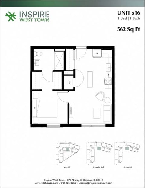 Floor plan for 1 bed, 1 bath, 562 sqft